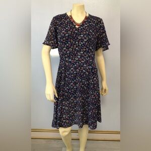 Jane and Delancey Navy Floral V‑Neck Midi Dress with Pink & Yellow Blooms